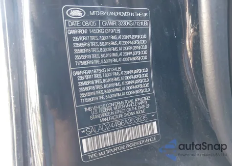 2006 Land Rover Lr3 V6 z USA, uszkodzony, nr VIN SALAD24496A353835